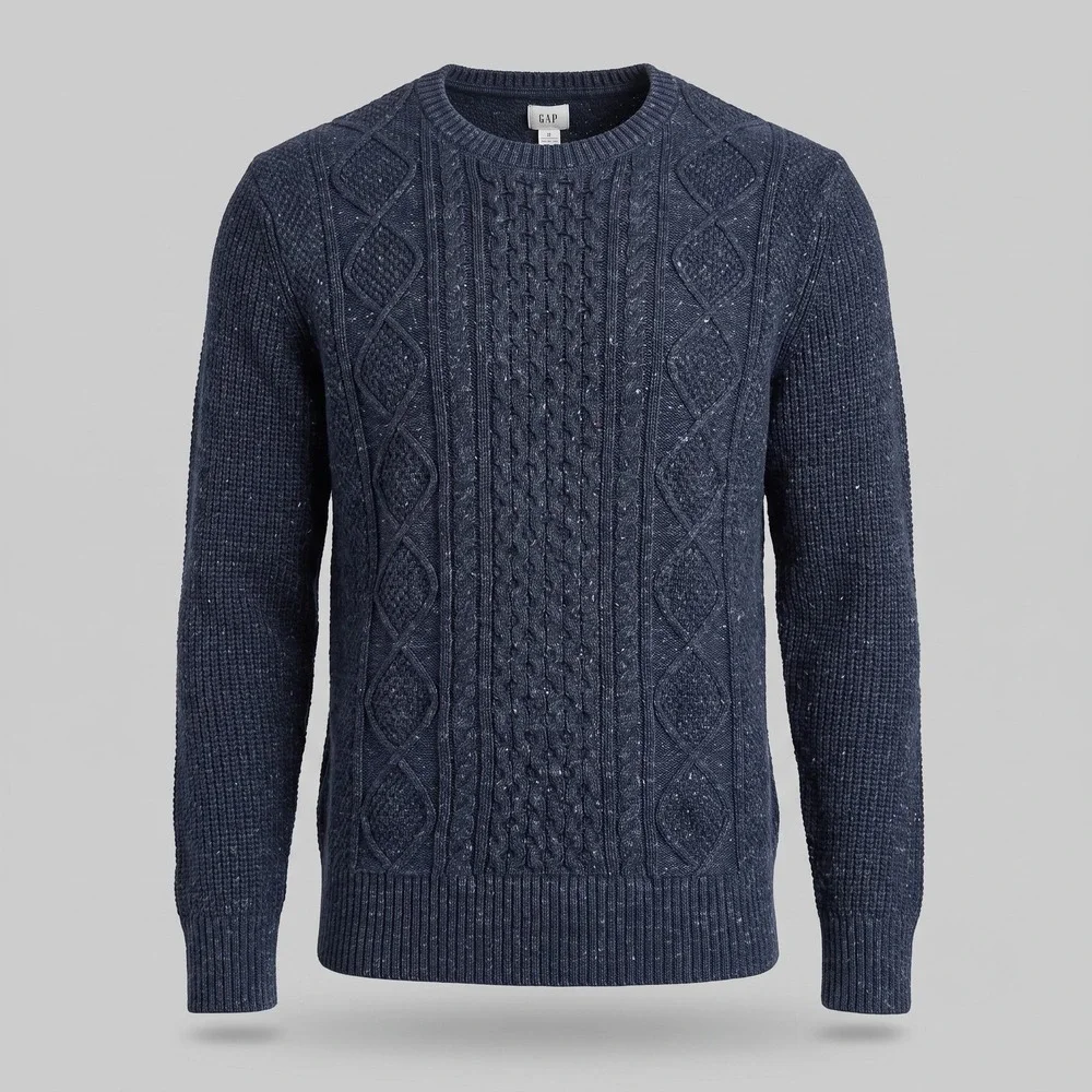 Gap Mens Medium Blue Sweater Crewneck Cable Knit Marled Cotton Blend